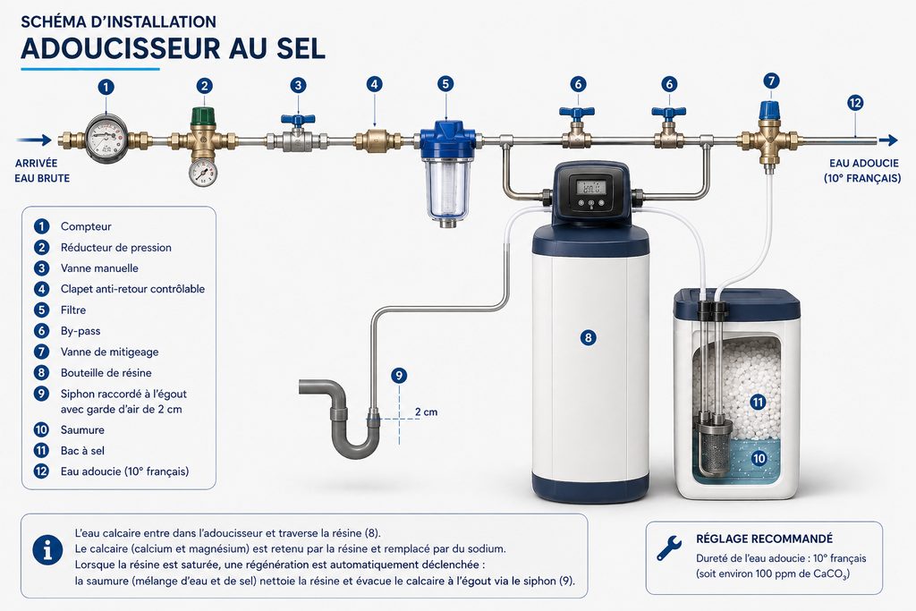Schéma technique complet d'installation d'un adoucisseur d'eau au sel à Bruxelles · 12 composants annotés : compteur, réducteur de pression, vanne, clapet anti-retour, filtre, by-pass, vanne de mitigeage, bouteille de résine, siphon, saumure, bac à sel, sortie eau adoucie 10° français