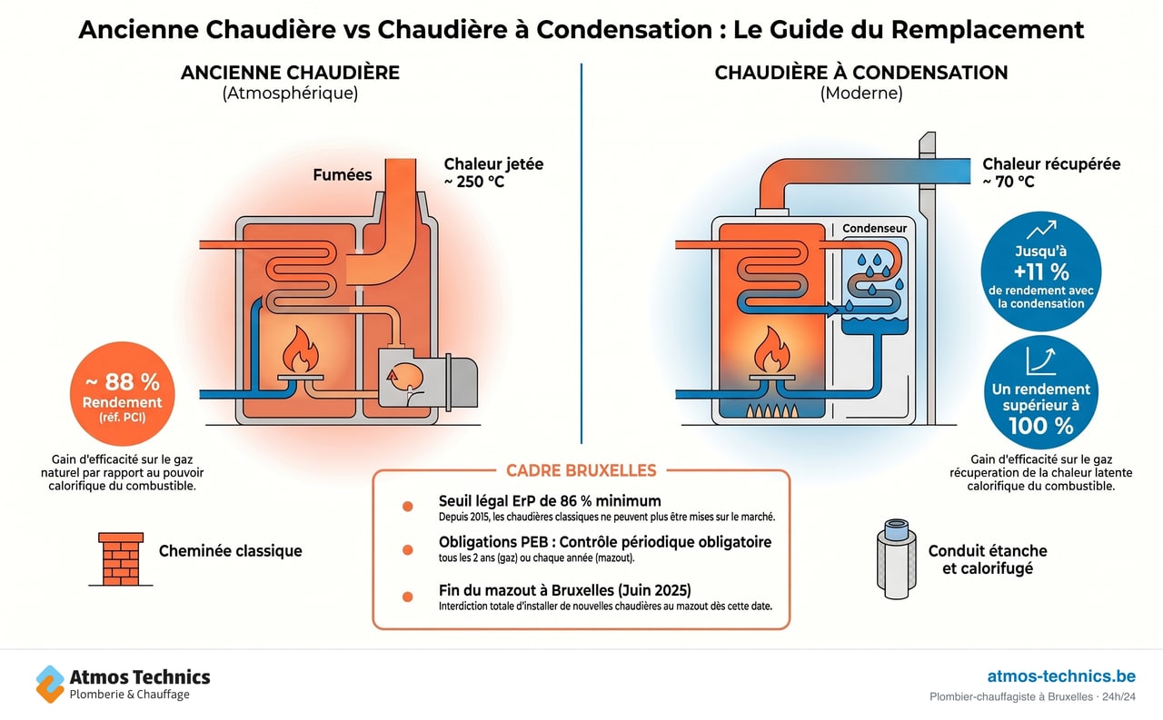 Schéma comparatif d'une ancienne chaudière atmosphérique et d'une chaudière à condensation : les fumées passent d'environ 250 °C (chaleur jetée) à environ 70 °C (chaleur récupérée), le rendement de l'ordre de 88 % monte au-delà de 100 %, avec le cadre réglementaire de Bruxelles (seuil ErP 86 %, contrôle PEB, fin du mazout en 2025).