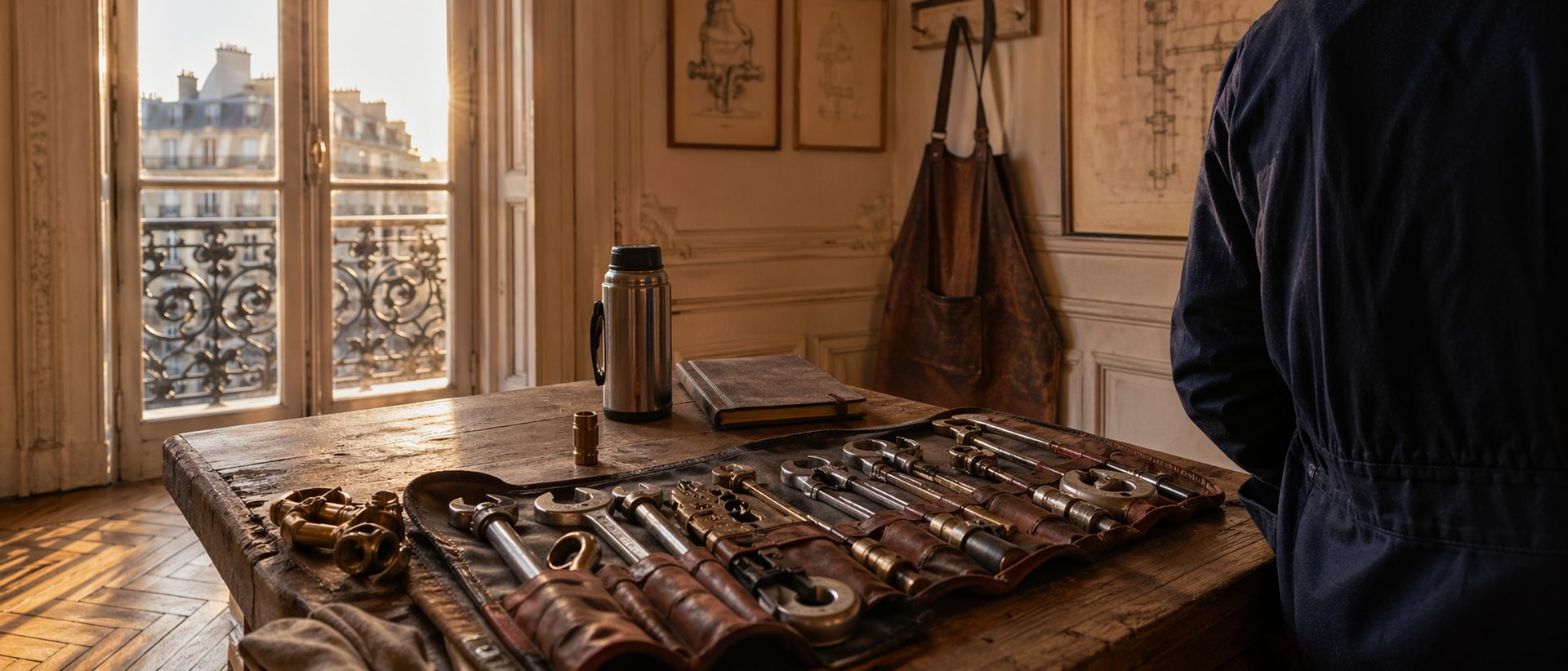 Établi d'atelier à Bruxelles avec trousse d'outils en cuir déroulée · Atmos Technics, artisan plombier chauffagiste