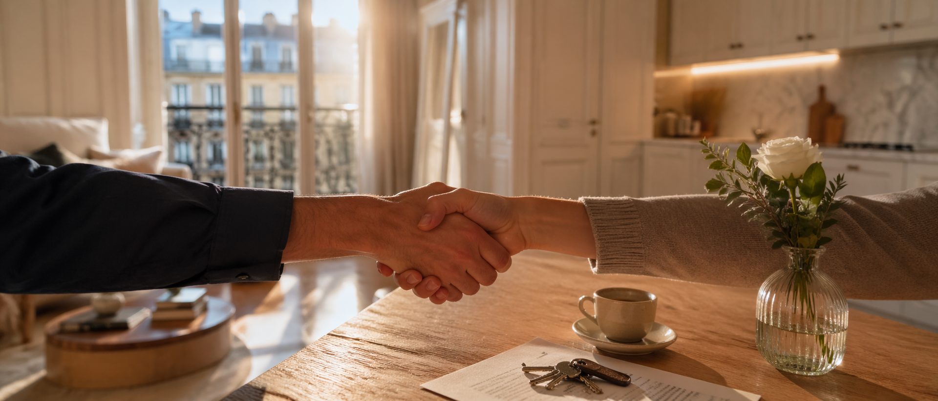 Poignée de main entre client et technicien Atmos Technics à Bruxelles · service accompli, confiance partagée