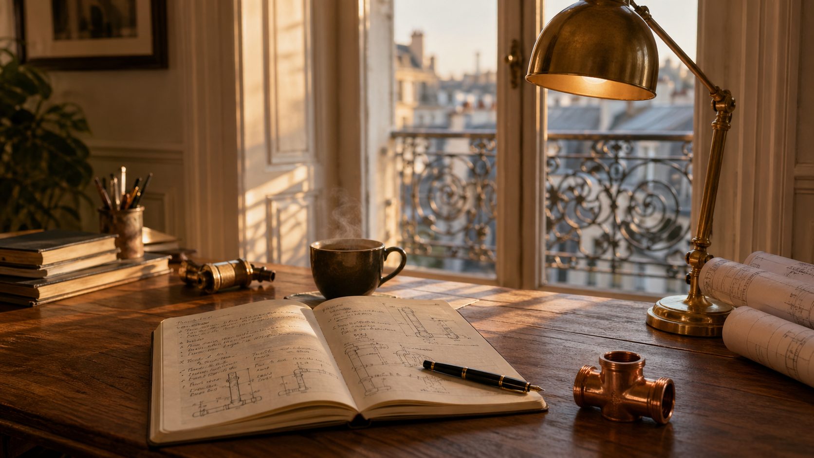 Atelier d'écriture du blog Atmos Technics · bureau en bois avec carnet de notes techniques ouvert, stylo plume, tasse de café, lampe de bureau en laiton, plans roulés et raccord cuivre · vue sur balcon haussmannien bruxellois au crépuscule