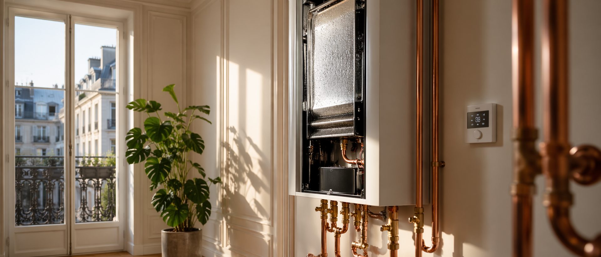 Chaudière gaz à condensation moderne avec panneau ouvert et raccordements cuivre dans un appartement bruxellois