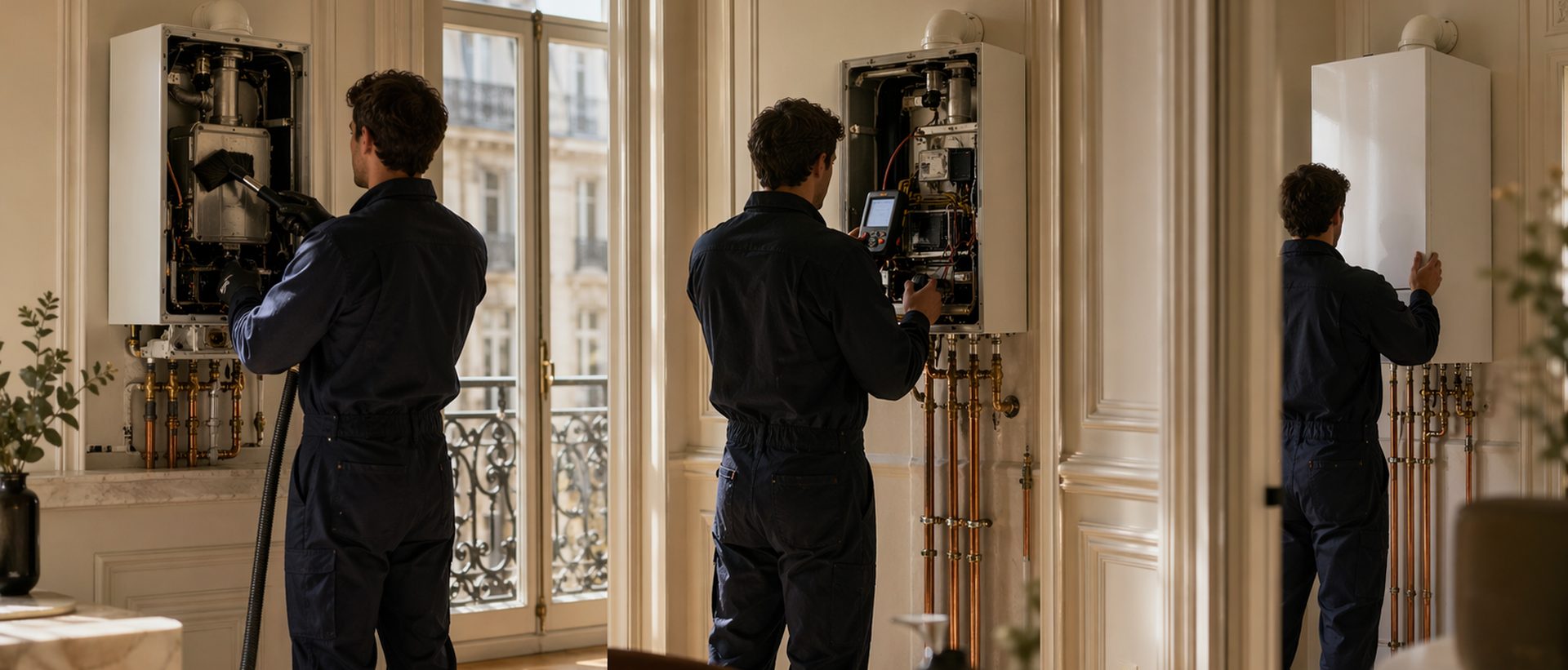 Entretien de trois chaudières gaz dans un appartement bruxellois haussmannien · contrôle PEB obligatoire