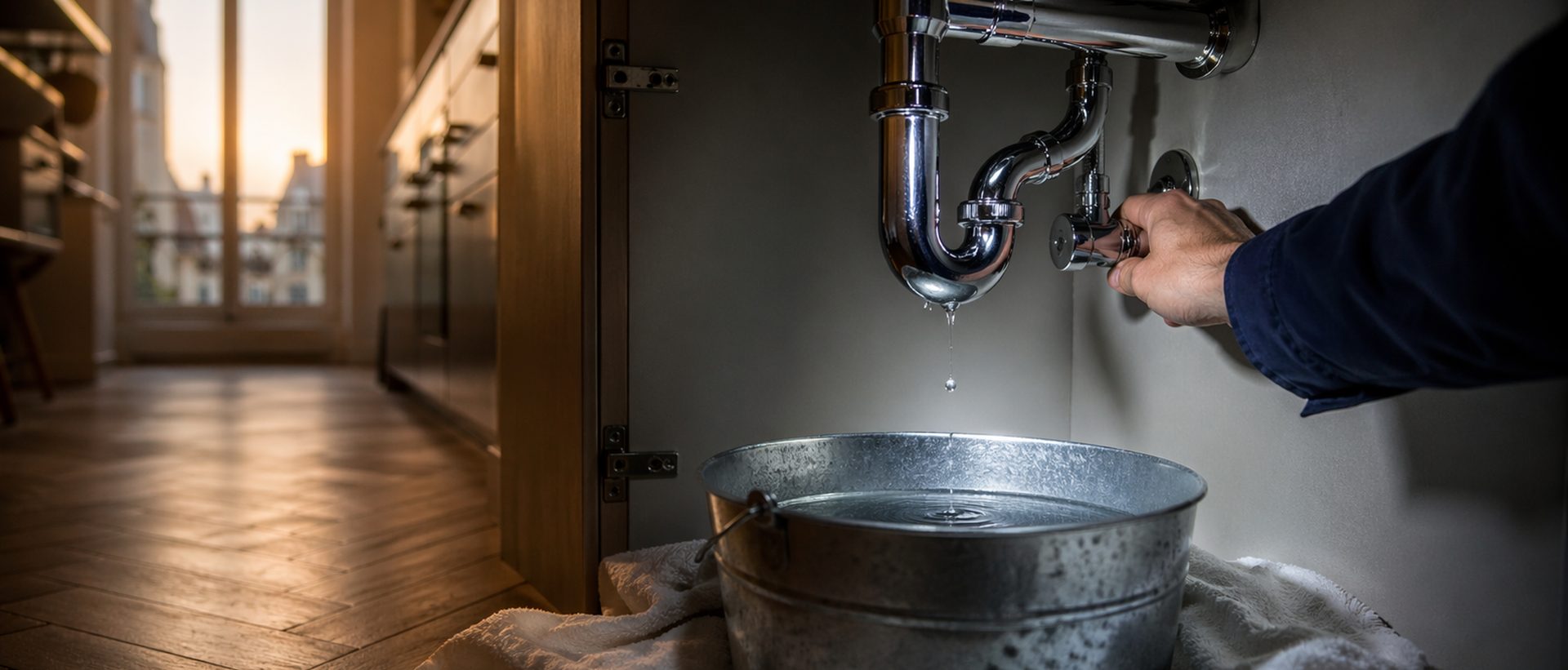 Fuite d'eau sous évier à Bruxelles : seau galvanisé, serviettes, vanne d'arrêt en cours de fermeture