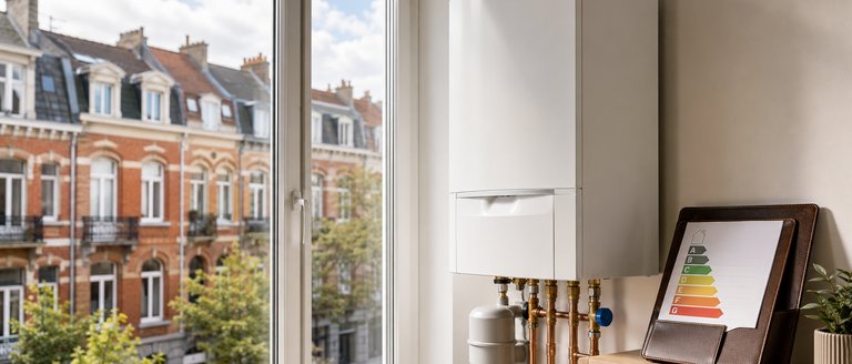 Chaudière gaz à condensation murale moderne installée dans une cuisine bruxelloise rénovée, raccordements cuivre soignés, fenêtre donnant sur des maisons mitoyennes typiques en briques rouges, dossier PEB ouvert sur étagère bois clair