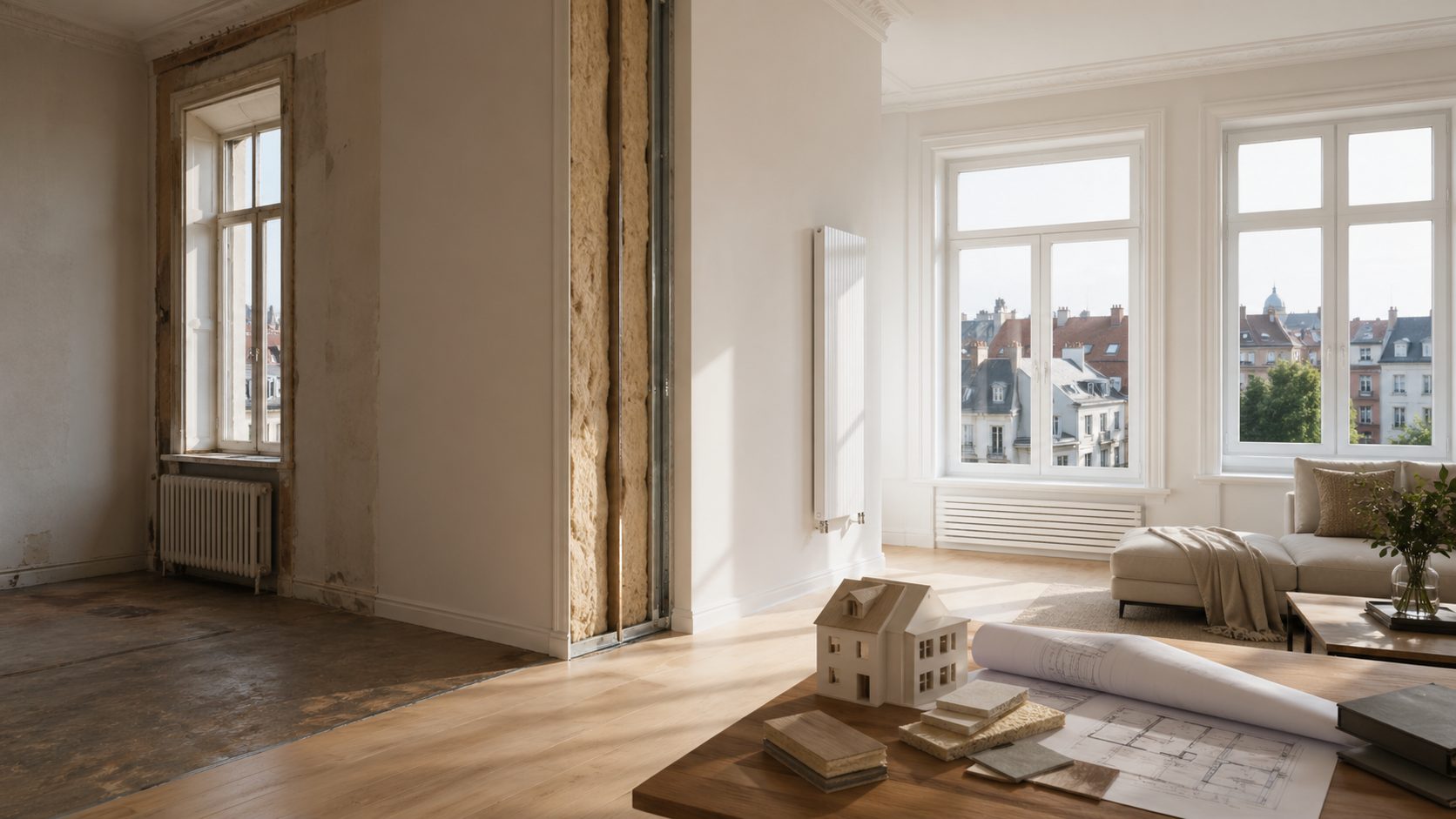 Appartement bruxellois en rénovation énergétique · radiateur moderne installé, plans de rénovation et maquette de maison sur table basse, lumière naturelle traversante