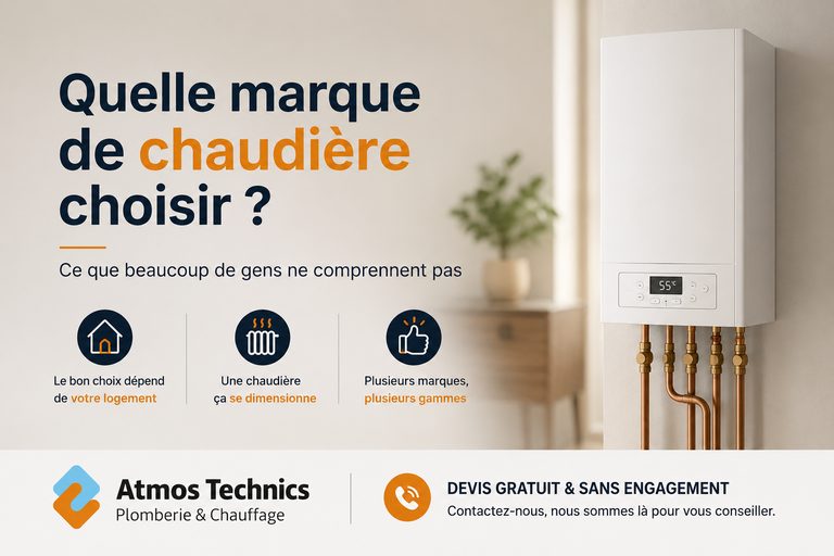 Chaudière murale gaz à condensation installée par Atmos Technics, façade ouverte sur l'échangeur, raccordements cuivre apparents dans une cuisine bruxelloise