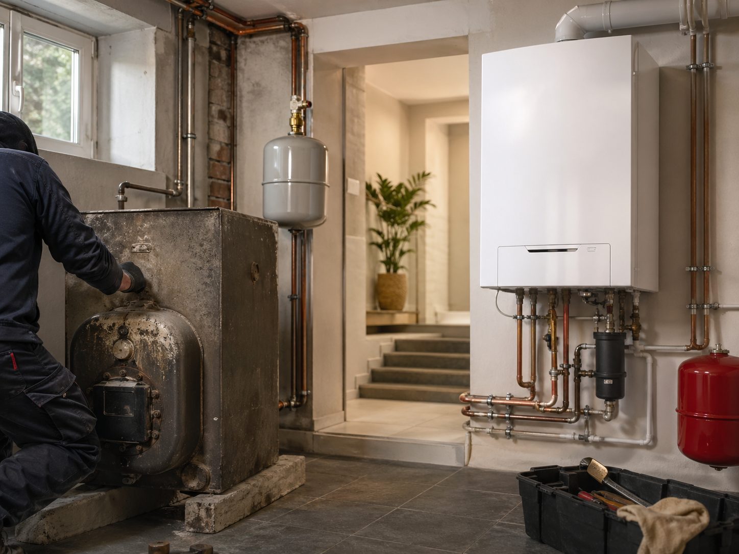 Remplacement de chaudière à Bruxelles · technicien démontant une ancienne chaudière mazout corrodée à gauche et chaudière gaz à condensation moderne déjà installée à droite avec raccordements cuivre