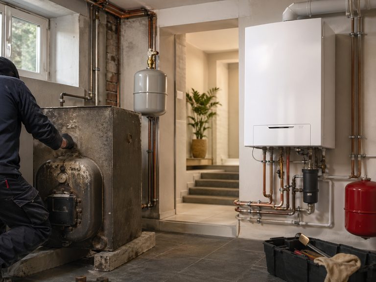Remplacement de chaudière à Bruxelles · technicien démontant une ancienne chaudière mazout corrodée à gauche et chaudière gaz à condensation moderne déjà installée à droite avec raccordements cuivre