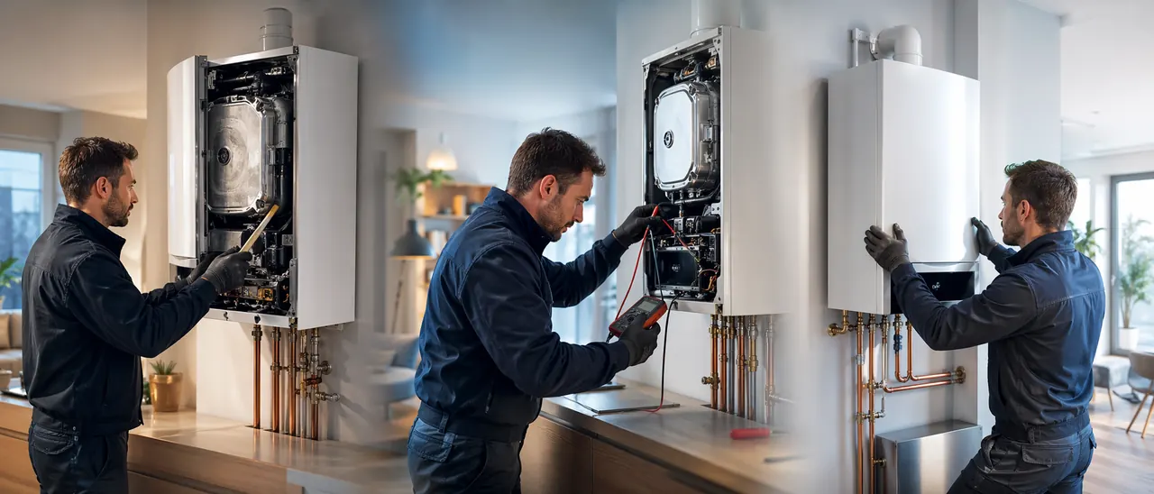 Illustration d’un technicien intervenant sur une chaudière