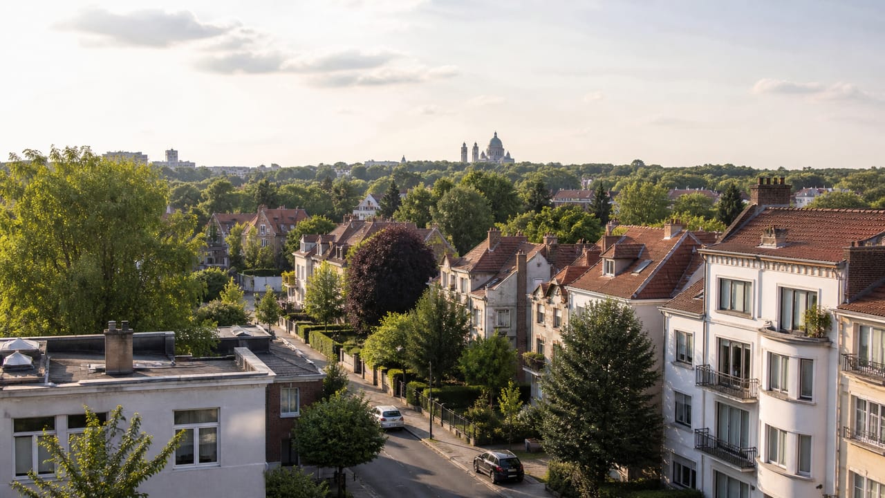 Vue caractéristique de Jette (1090) à Bruxelles · mix maisons 1930-1960 + immeubles modernes + nouvelles constructions près de l'uz brussel · zone d'intervention plombier-chauffagiste Atmos Technics