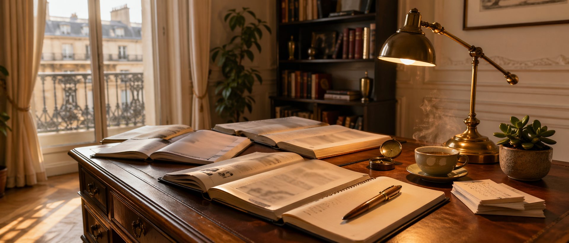 Bureau avec manuels techniques plomberie-chauffage et lampe laiton · réponses aux questions fréquentes à Bruxelles