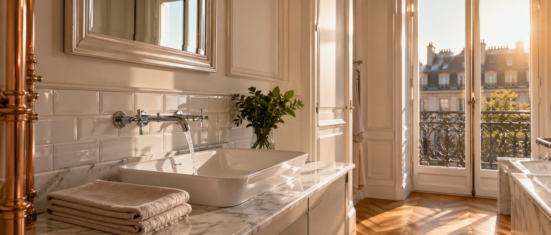 Salle de bains rénovée par Atmos Technics à Bruxelles · marbre, robinetterie chromée premium, vue haussmannienne