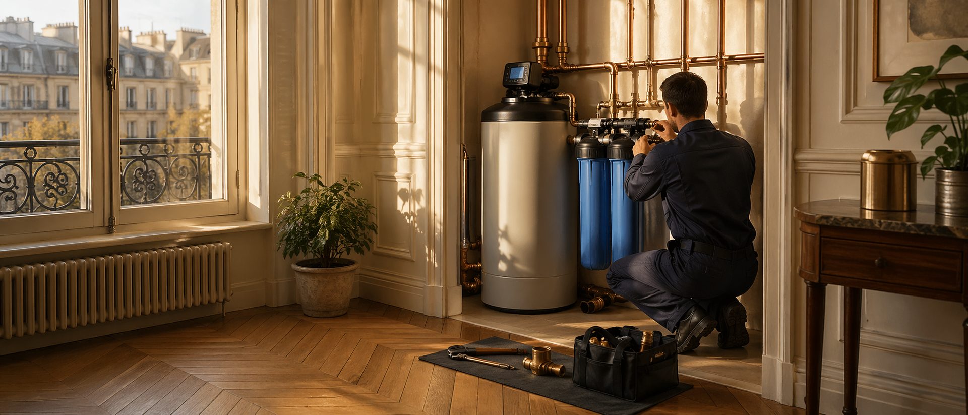 Adoucisseur d'eau installé dans un appartement bruxellois haussmannien · technicien en train de régler la vanne laiton
