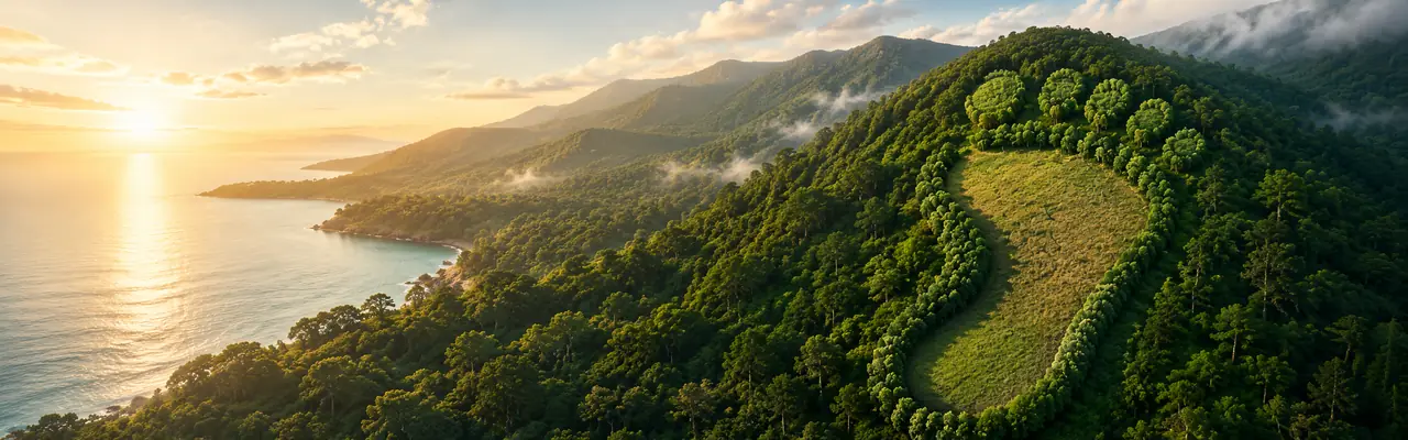 Vue aérienne d'une côte boisée au lever du soleil : dans la canopée verdoyante se dessine la forme d'une empreinte de pied, métaphore de l'empreinte carbone d'un site web