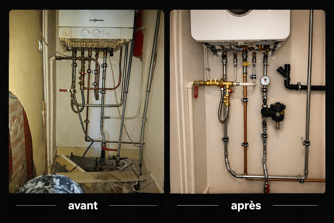 Remplacement d'une chaudière gaz à Bruxelles par Atmos Technics : avant / après, raccordements cuivre soignés